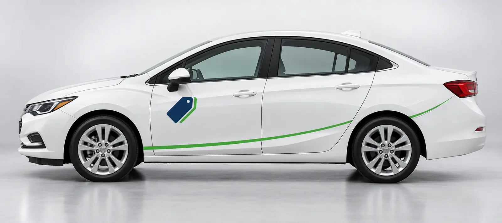 White Chevrolet Cruze with Budget Cruze green wave stripe and door badge
