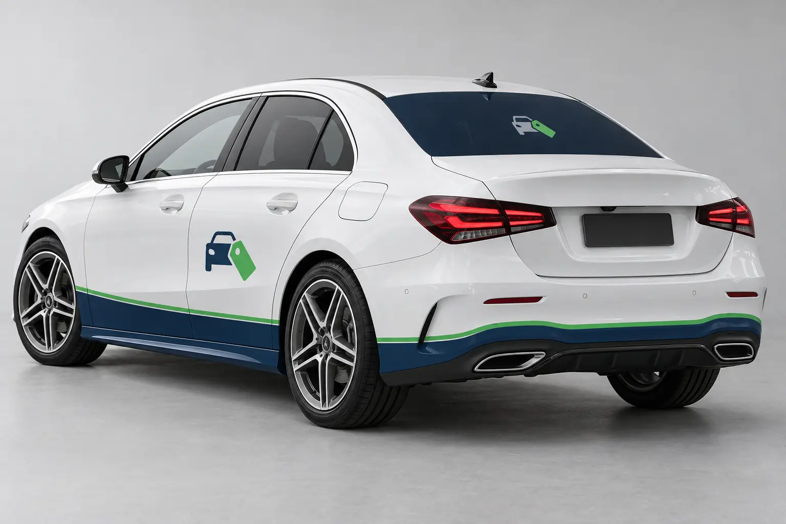 White executive sedan with Budget Cruze navy rocker, green stripe and rear badge