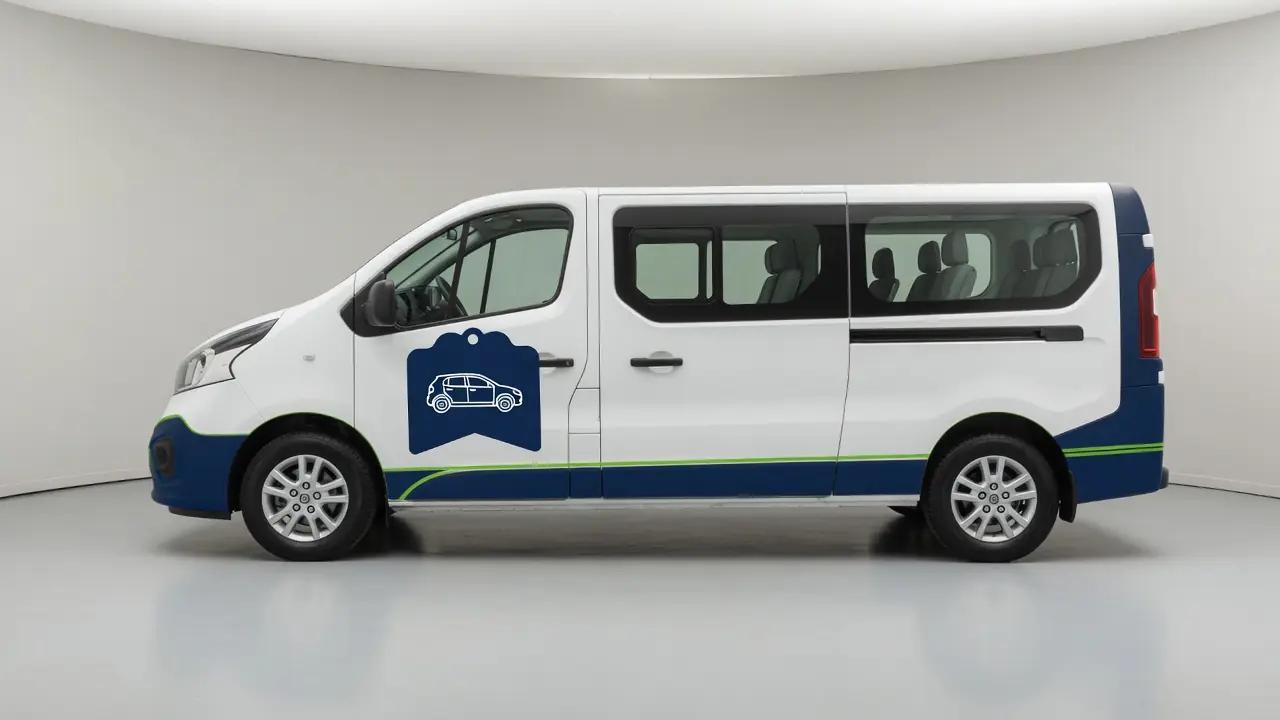 White passenger van with Budget Cruze navy and green livery